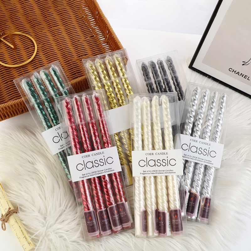 Silk Candle - เทียนทรงสูงแบบยุโรป 4 ชิ้น พร้อมด้ายสี สำหรับตกแต่งบ้าน งานเลี้ยงอาหารค่ำสุดโรแมนติก